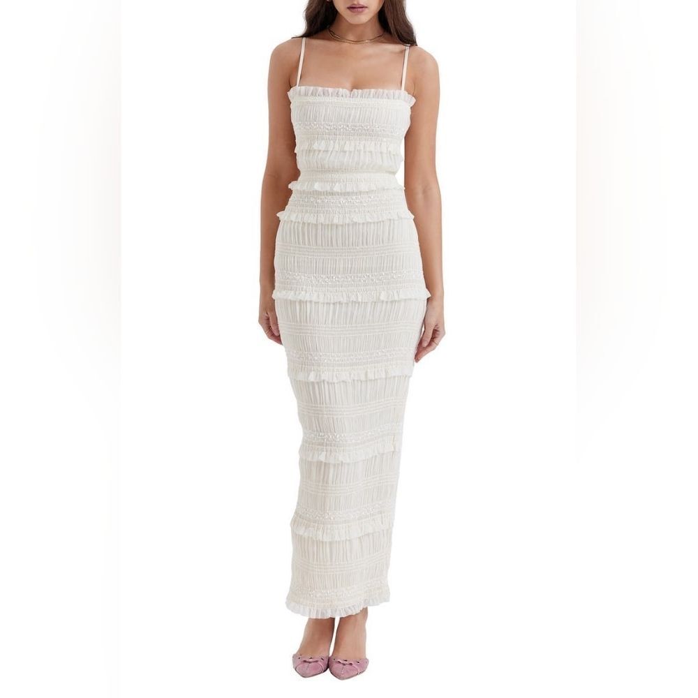 HOUSE OF CB Solana Sequin Smocked & Shirred Cocktail Dress In Cream Size Medium